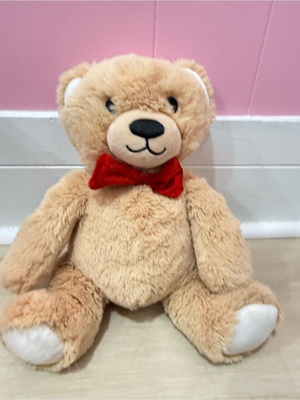 Plush Tan Teddy Bear with Red Bow - Soft Kids Toy